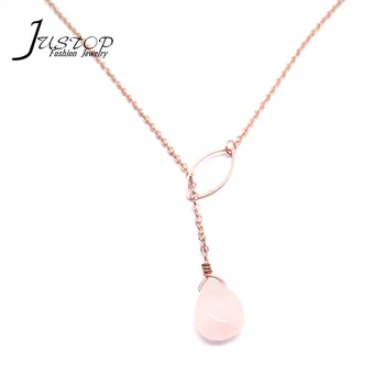 Adjustable Jewelry Pink Gold Design Chain Necklaces With Rose Quartz Stone