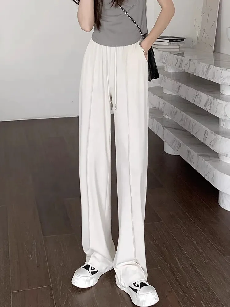 Women's wide-leg slacks with pocket lightweight high-waisted adjustable tie knot slacks