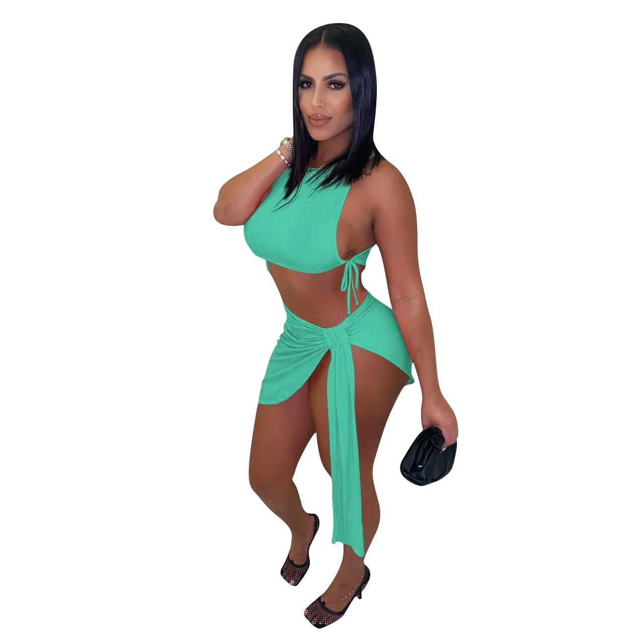 Bandage tight sexy dresses clubwear two piece set crop top clothing ribbed skirt sets club women 2 piece dress