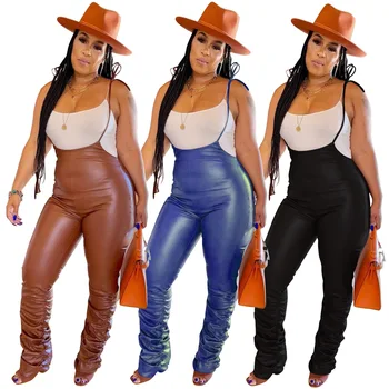 2022 Spring New Arrival Black Brown Vegan Leather Pants Women Fashion Women Overall Suspender Trousers Stacked PU Pant