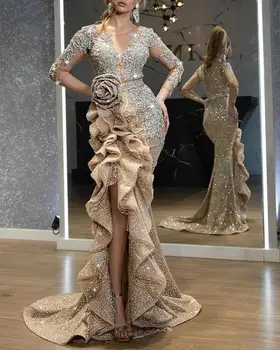 2022 clothing sexy temperament sprinkle gold trailing dresses new gowns for women evening long sleeve dress