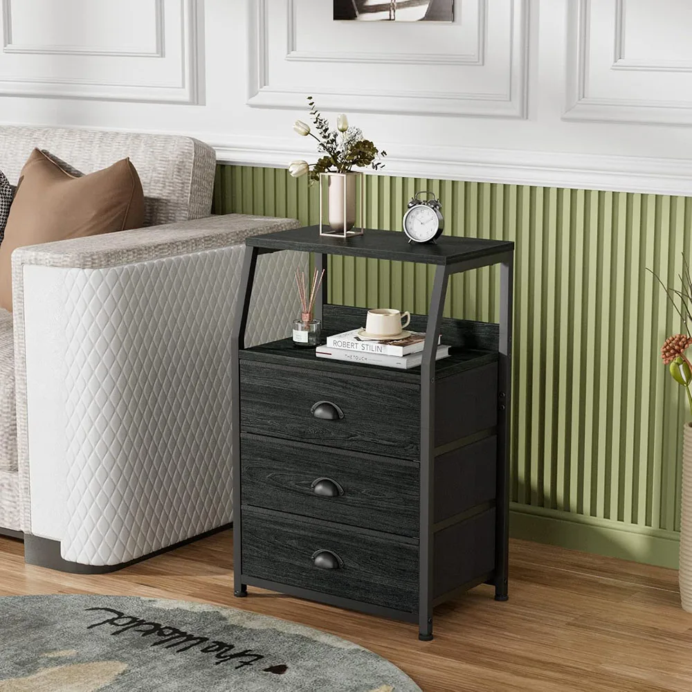 Black Bedside Table Nightstand with 3 Fabric Storage Drawers and 2-Tier Shelf manufacture