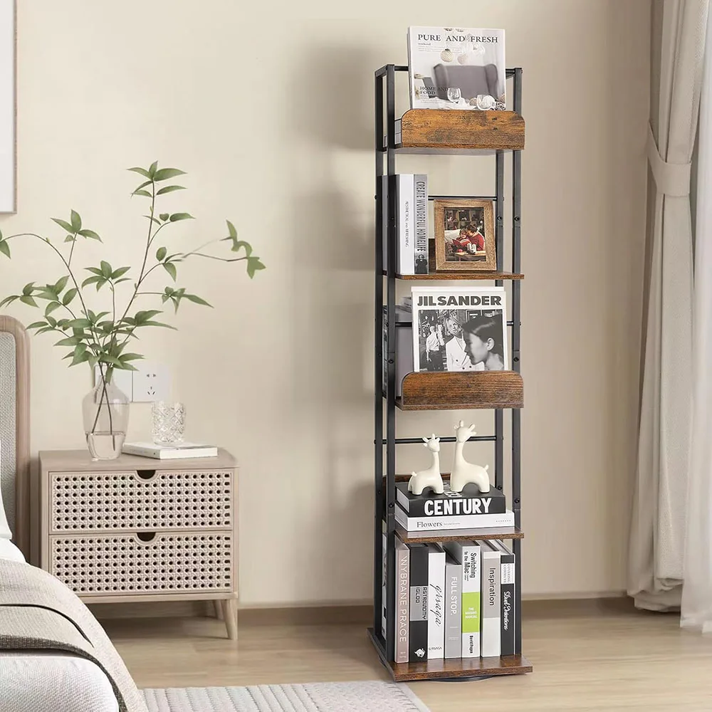 Modern 360 Display Spinning Ladder Shelf 5-Tier Narrow Tall Bookcase Small Corner Living Room Book Shelves manufacture