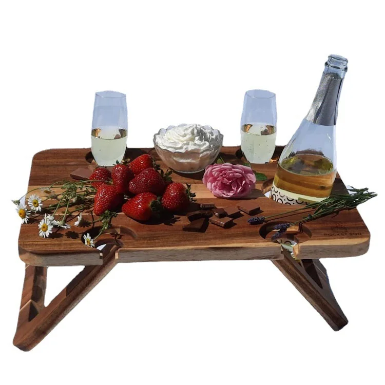 Classic Outdoor Picnic Folding Tray with Wine Glasses Holder, Natural Snack Tables for Eating at Couch, Easy Assembly
