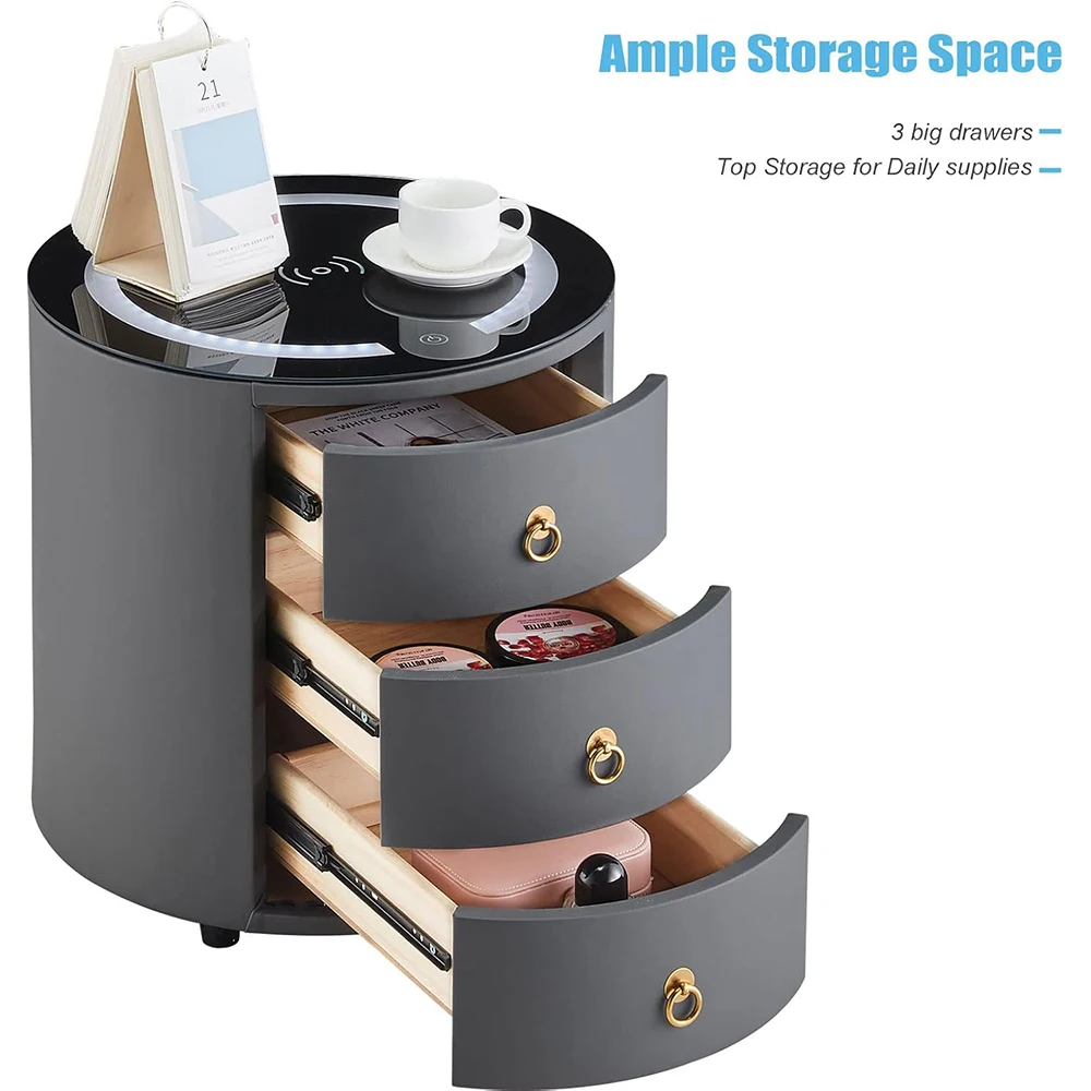 Dark Grey Wood Smart Nightstand with Wireless Charging Station & LED Lights Modern Round 3-Drawer Bedroom Storage Furniture manufacture