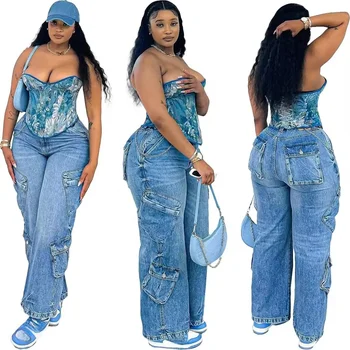 Manufacturer wholesale customization wide leg high waist jeans loose work jeans women's
