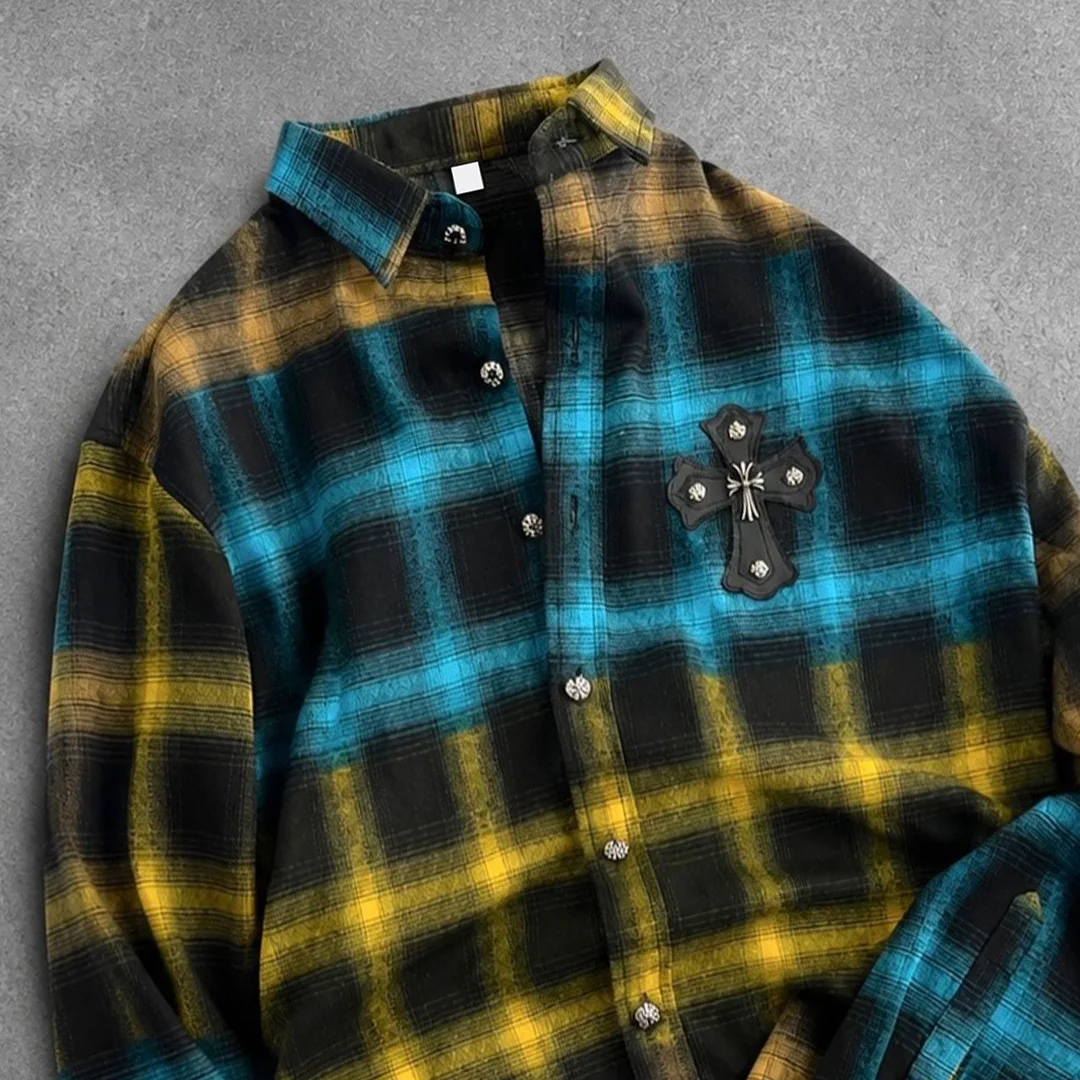 product men vintage gradient blue yellow plaid 100 cotton long sleeve shirts streetwear manufacturer-4