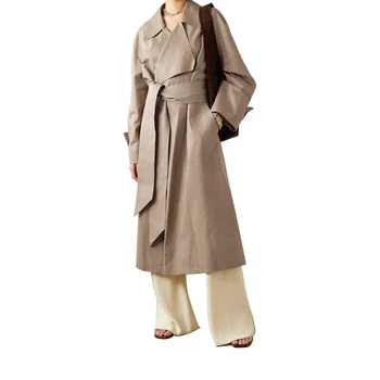 long manteau d'hiver Wholesale Autumn Winter British Style Women Trench Textured Faux Leather Ladies Coats