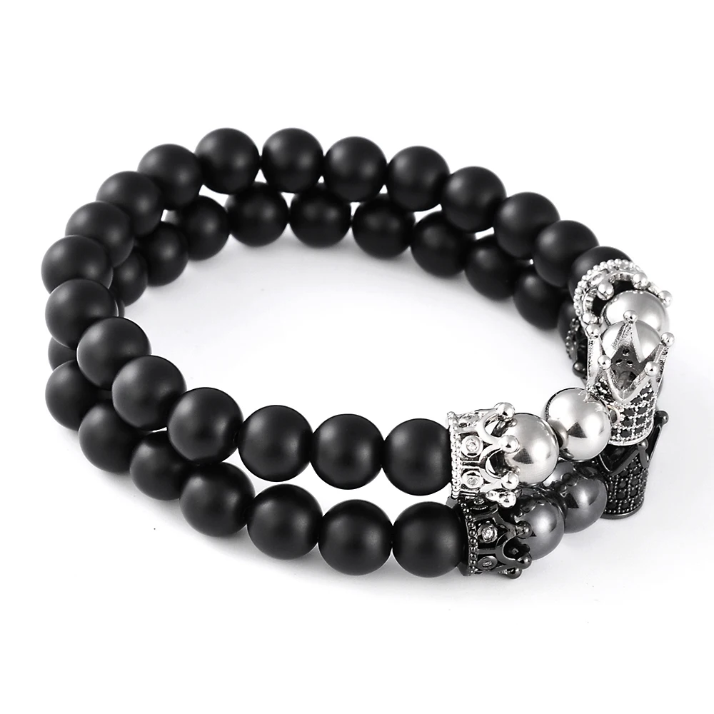 F250 Black Agate Stainless Steel Handmade Manufacturers Wholesale Fashion Jewelry Crown Onyx Beads Bracelet For Men