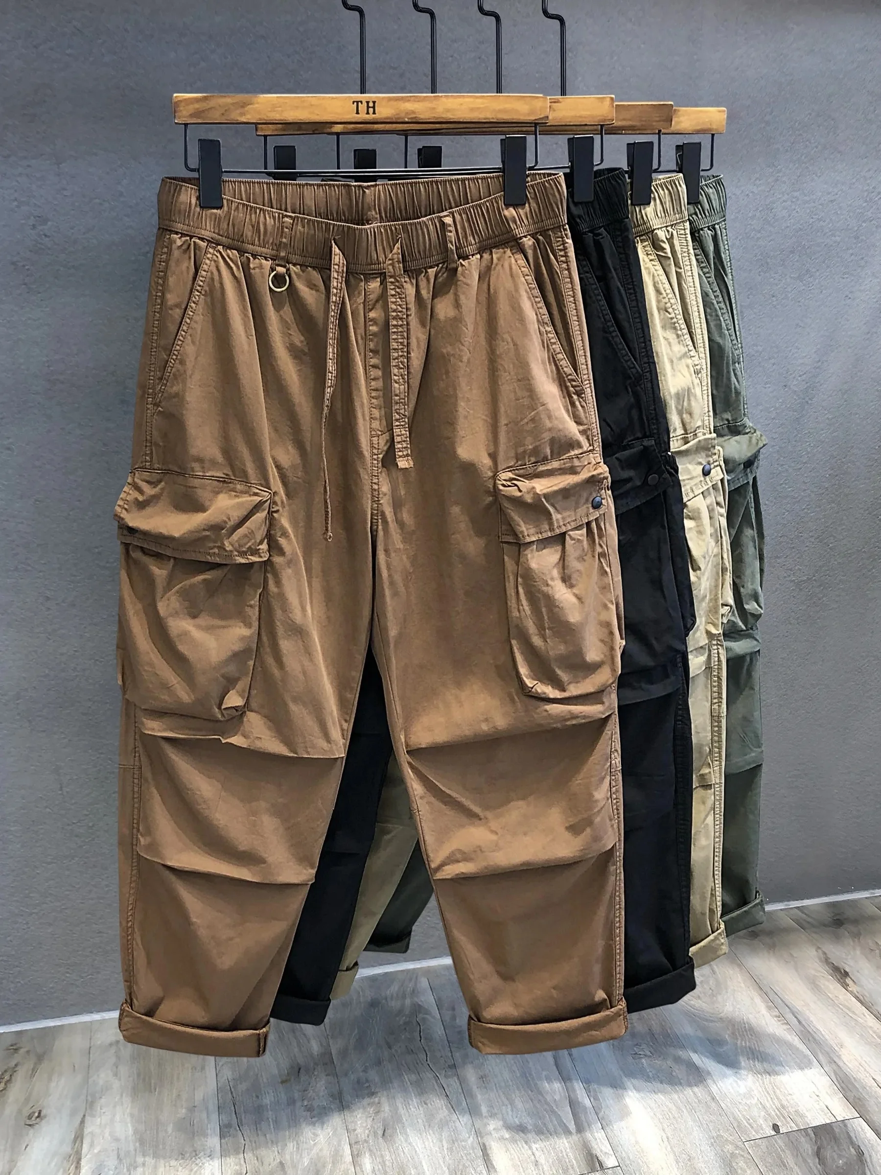 Batch of high quality baggy beige zipper men's straight leg casual baggy twill cargo pants