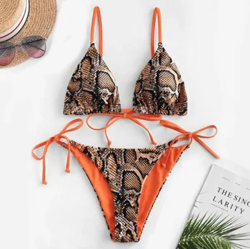 2022 Mature Women Open Sexy String Triangle Bikini Set Animal Print Bandage Swim suits
