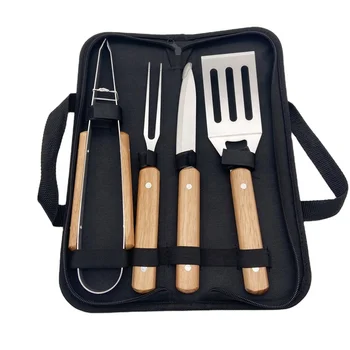 Portable Multi Function Outdoor Camping 4 Pieces Barbecue Grilling Accessories Kit BBQ Tool Set Wood Handle With Storage Bag