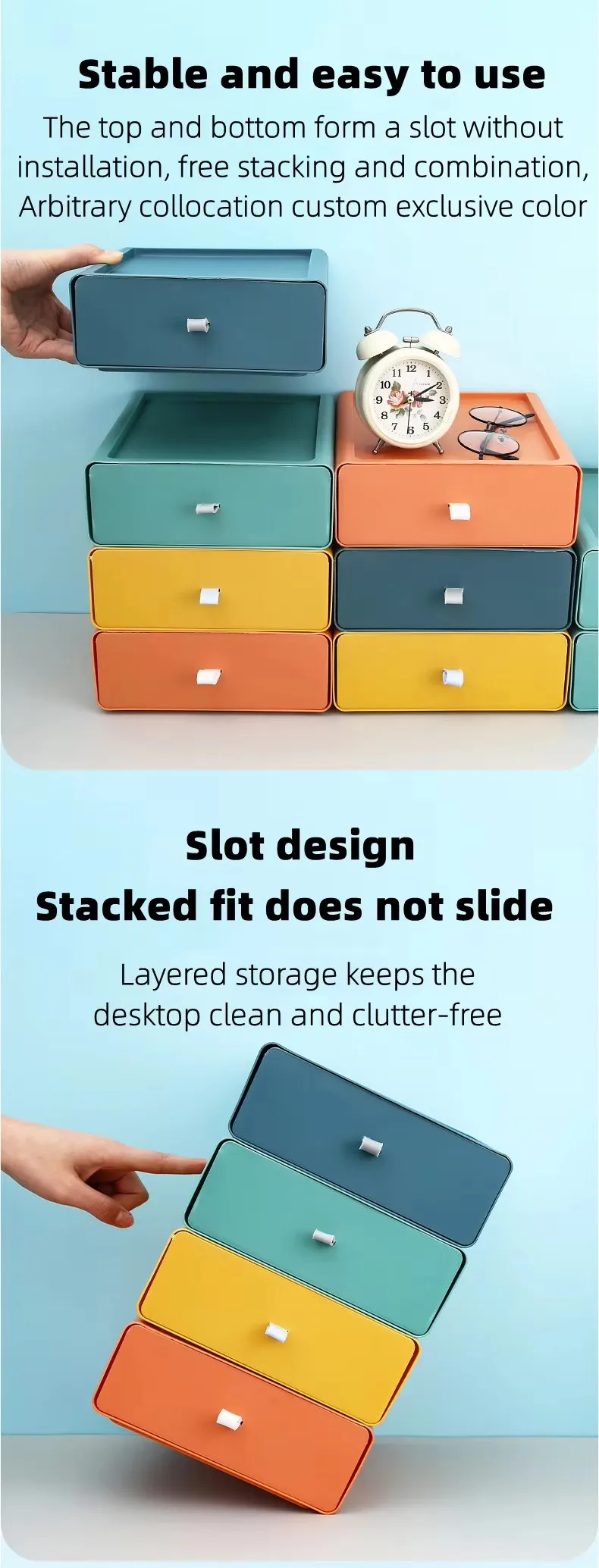 Best-Selling Stackable Storage Container Rectangle Shape Contrast Color Desktop Finisher and Drawer Type Organization supplier