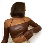 Short Women Shirt/ 2021 New Arrivals Sexy Off Shoulder Halter PU Leather Backless Short Women Crop Top T Shirt/