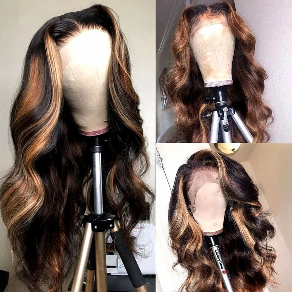 Ombre Brown Highlight Color Cuticle Aligned Virgin Hair Frontal Wig Human Hair Lace Front Body Deep Wave Thin Lace Closure Wigs