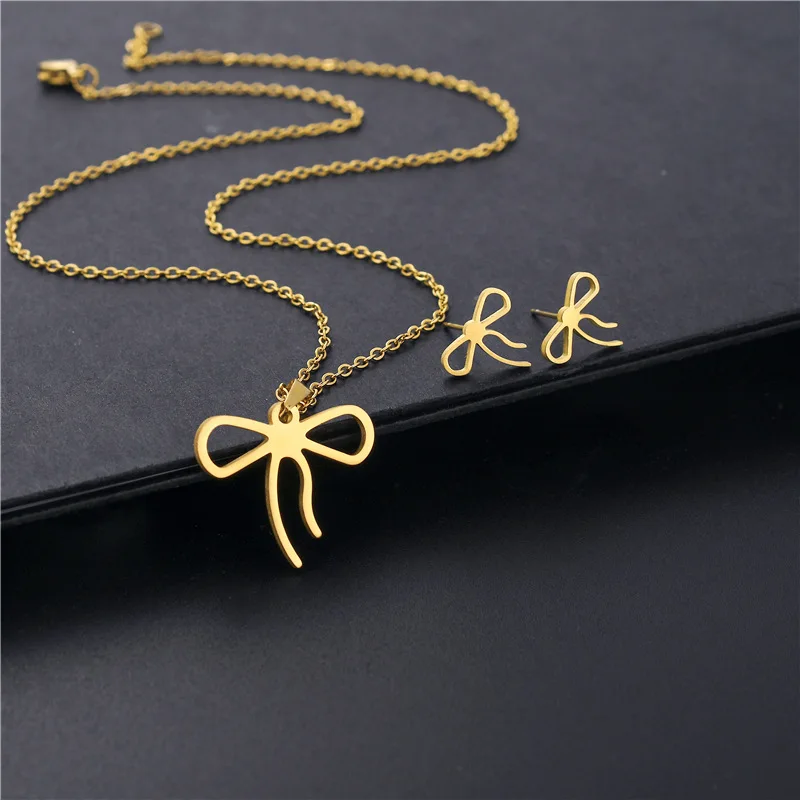 Fashionable Korean Steel Jewelry Set Sexy Butterfly Knot High Quality 14K Gold Plating Jewels Sets 4