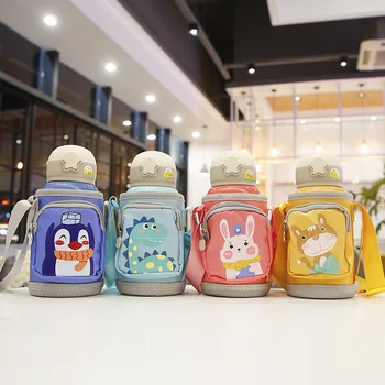 600ml 316 Stainless Steel Fashion Cartoon Straw Children's Thermos Kettle Small Bag Zipper Outdoor Two Lids Kids Water Bottle