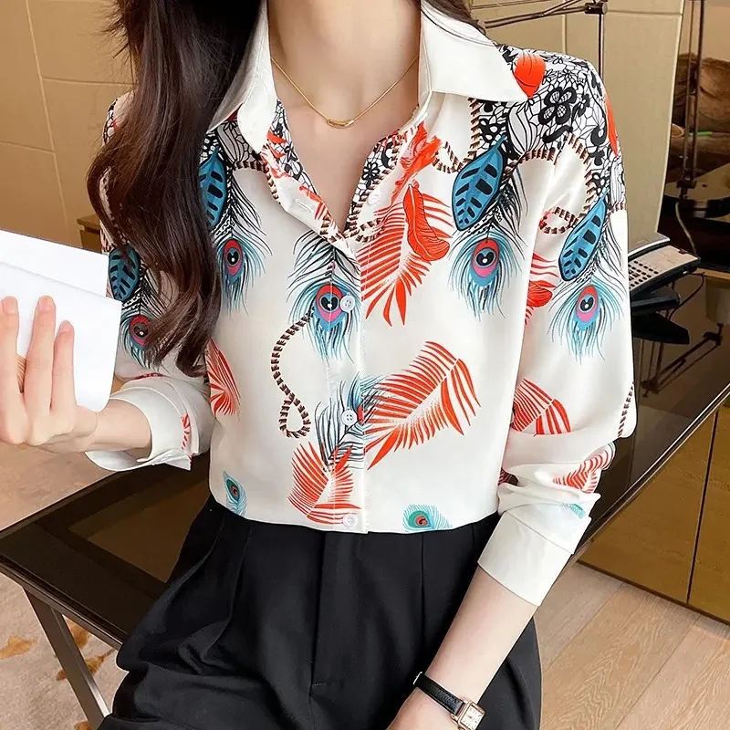 Stylish women's top Button up shirt Classic long-sleeved collared top Work office chiffon shirt