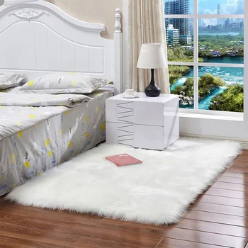 White Long Hair Fashion Bedroom Carpet Shaggy Silky Plush Carpet Faux Fur Rug Bedside Rugs Rectangle Sheepskin Fur Area Rugs