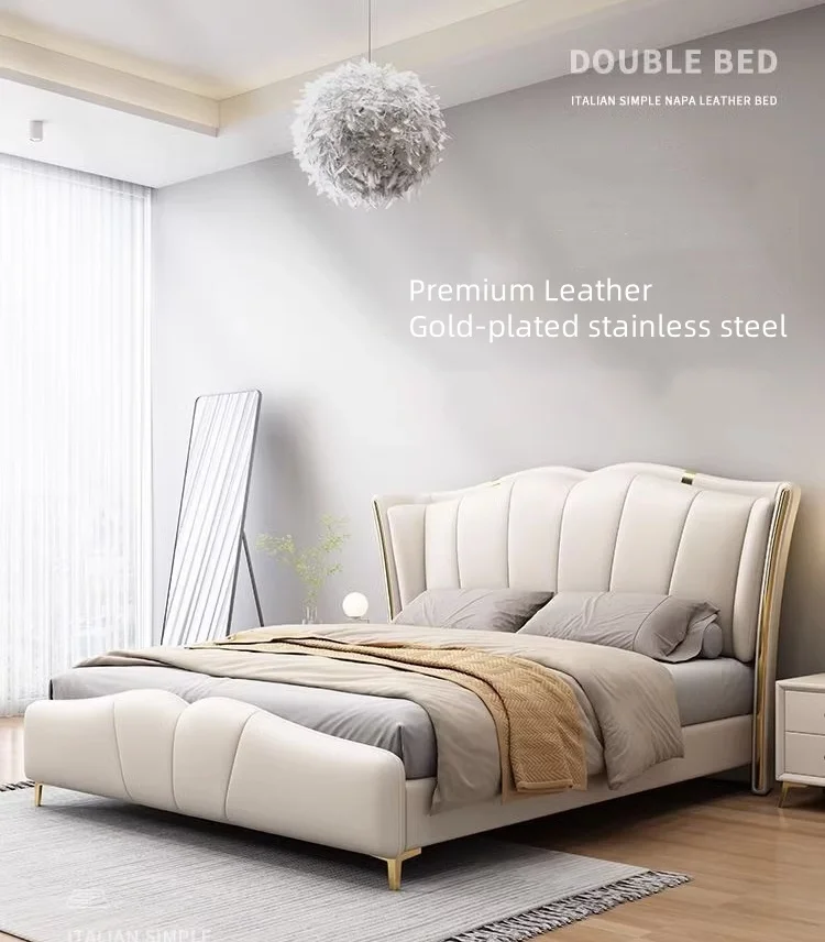 Wholesale New Designs Luxury King Size Modern Leather Bed Solid Wood Frame High Double Bed Upholstered Leather Headboard