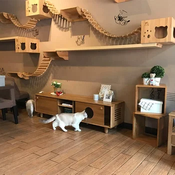 Indoor solid wood cheap wall mounted cat tree jumping stand furniture cat scratcher pillar cat house