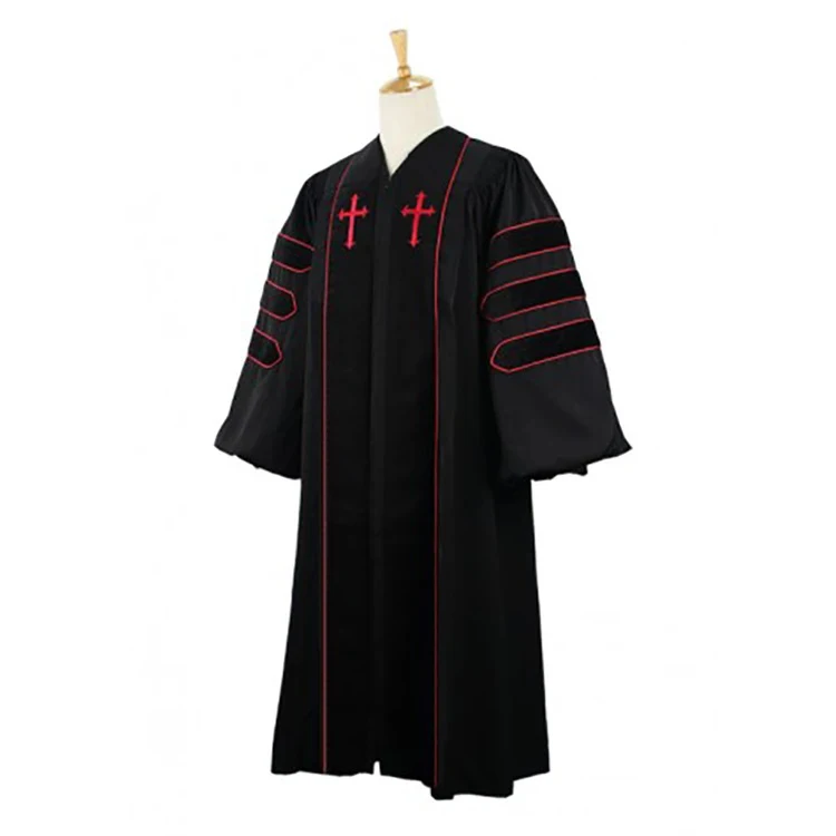 Wholesale Cheap Polyester Fluting Choir Robe Divinity Clergy Robes with Red Embroidered Cross details