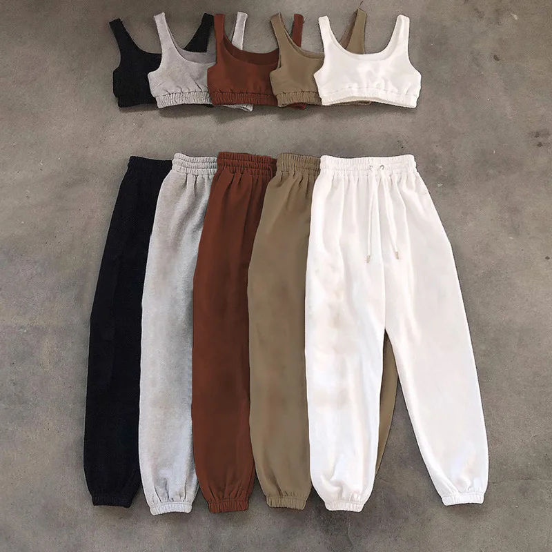Spring Fall European Women Fashion Casual Solid Color With Pockets Pants Sports Sweatpants Sets