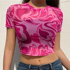 Mesh Green Heart Printed See Through Mesh Summer Fashion Short Sleeve Graphic Crop Top