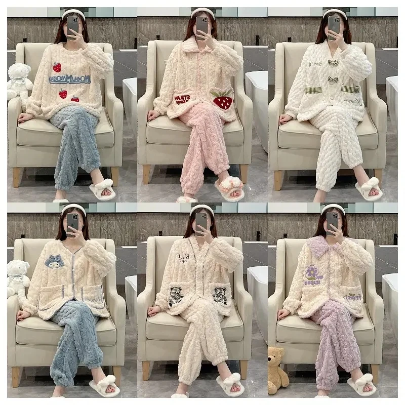 Pajamas Set for Women Winter Warm Fluffy Loungewear Soft Fleece Pj Pants 2 Piece Plush Sleepwear Lounge Tops