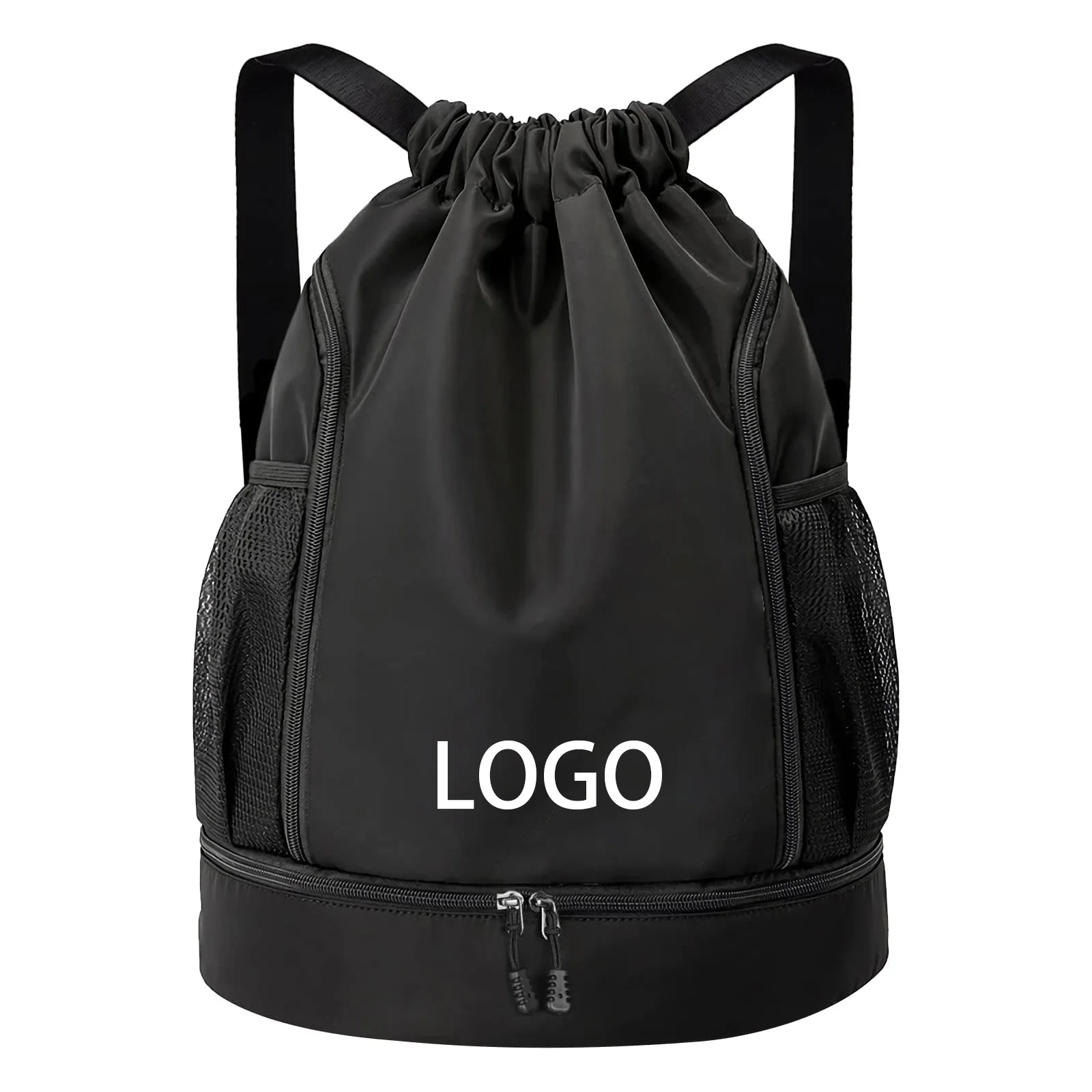 Fashion multi-pocket design waterproof rope bag Gym sports with shoe room side mesh bag pull rope backpack