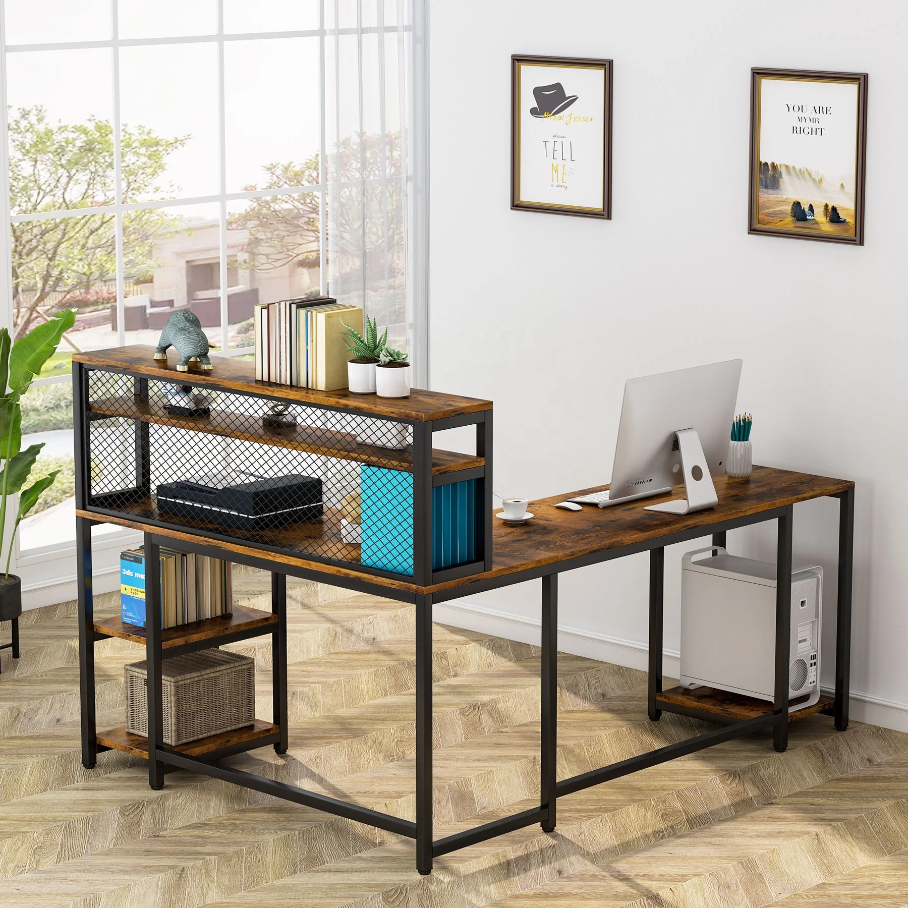 67 inch L Shaped Home Office Corner Motorize Computer Desk Metal Frame Wood Writing PC Laptop Study Table with Hutch Bookshelf