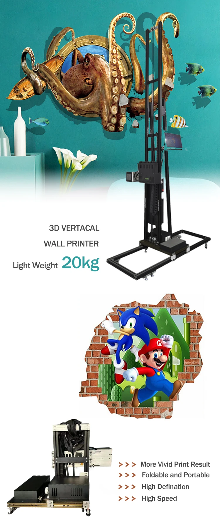 New Design Foldable Uv Ink Wall Printer Fast Dry 3d Vertical Wall