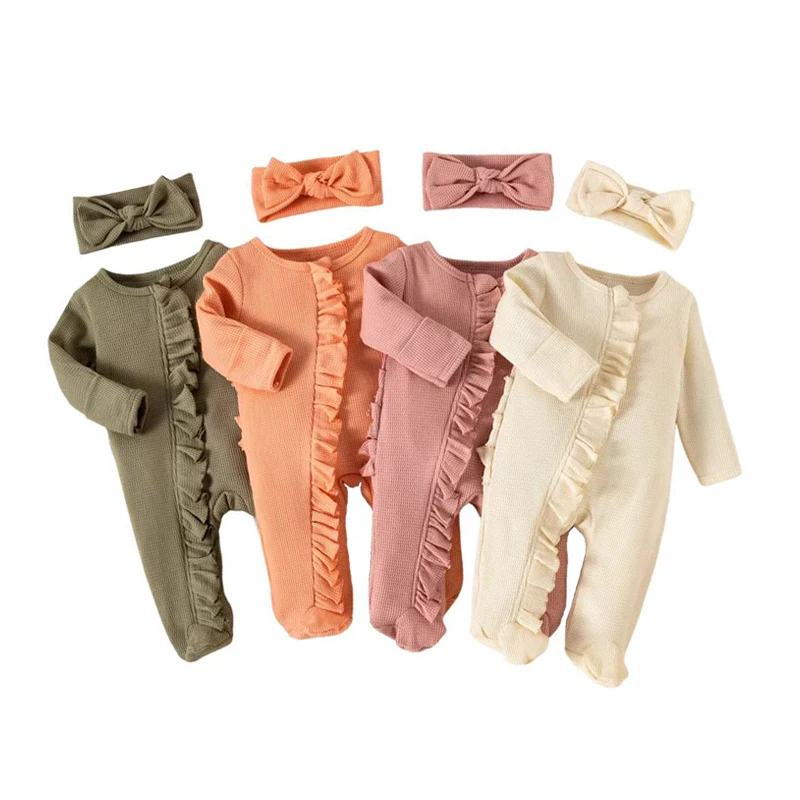 manufacturer High Quality Waffle Jumpsuit Baby Zipper Girl Jumpsuit Ruffle Rompers Low Price Baby Cute Solid Warm Jumpsuit