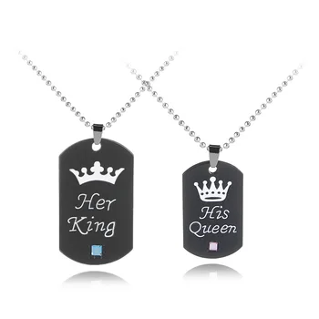 VRIUA Her King His Queen Keychain Black Creative Alloy Pendant Necklace Couple Love Forever Necklace Valentine Day Jewelry