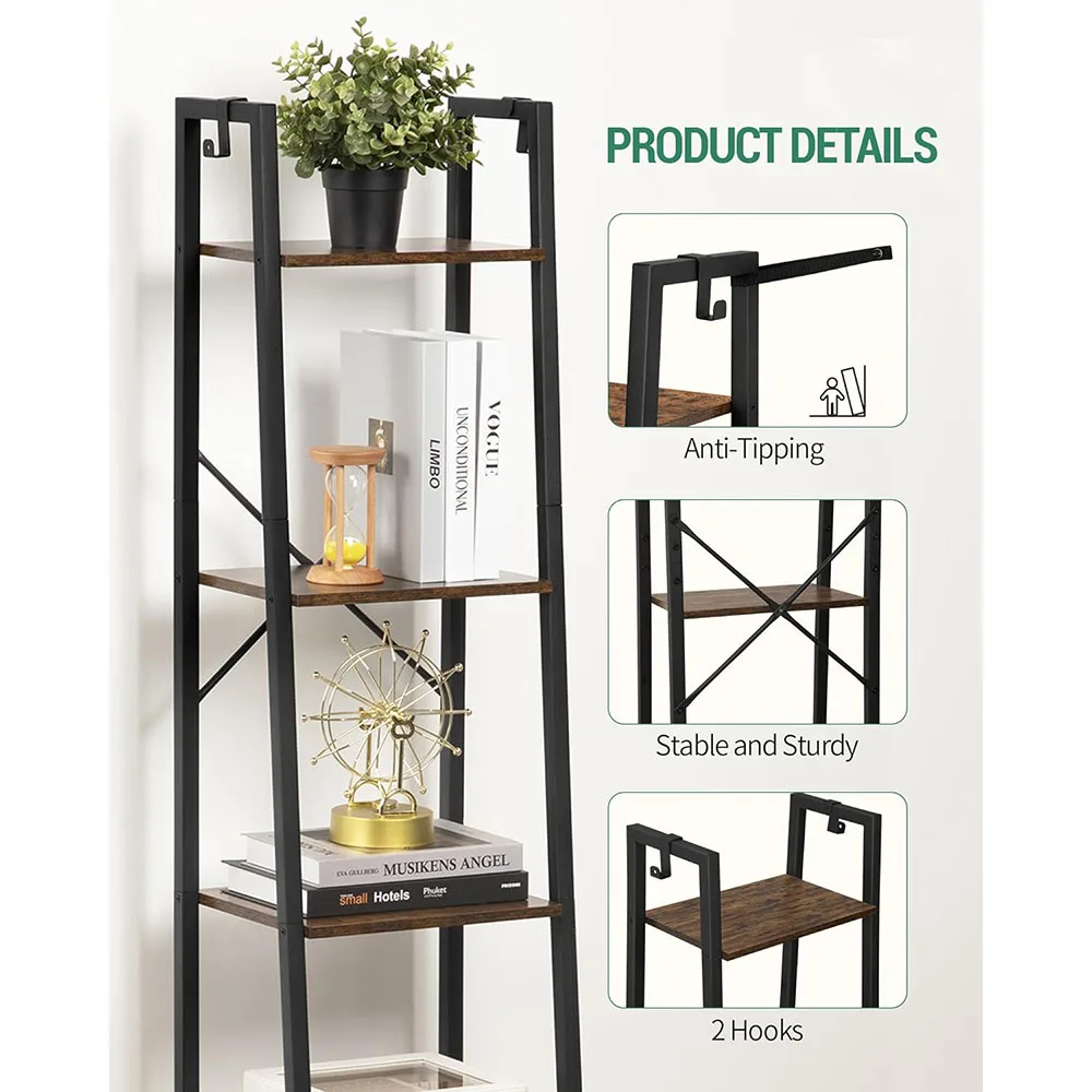 Modern 5-Tier Freestanding Corner Storage Bookshelf Industrial Design Oak Ladder Shelf with 2 Hooks factory