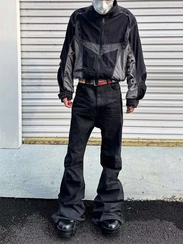 American High Street Vibe Style Niche Handmade Washed Denim Brushed Wax Coating Slim Flared Stretchy Straight Trousers Men manufacture