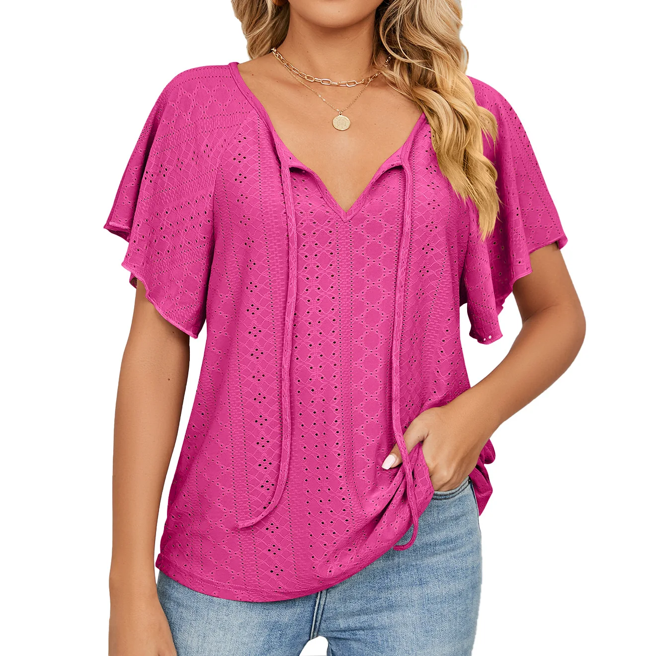 Wholesale V Neck Lace Up Ruffle Loose Top Tops For Women Women's T Shirt