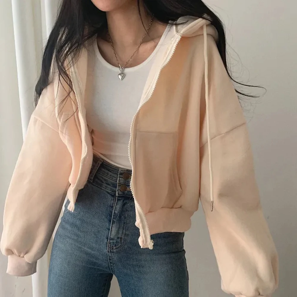 New Trendy High Waist Comfortable Casual Short Coat Solid Color Women's Fashion Zip Streetwear Cardigan Hooded