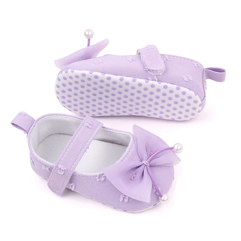 New Solid Color Pearl Yarn Bow Soft Soled Non-slip Princess Toddler Shoes for Baby Girls details