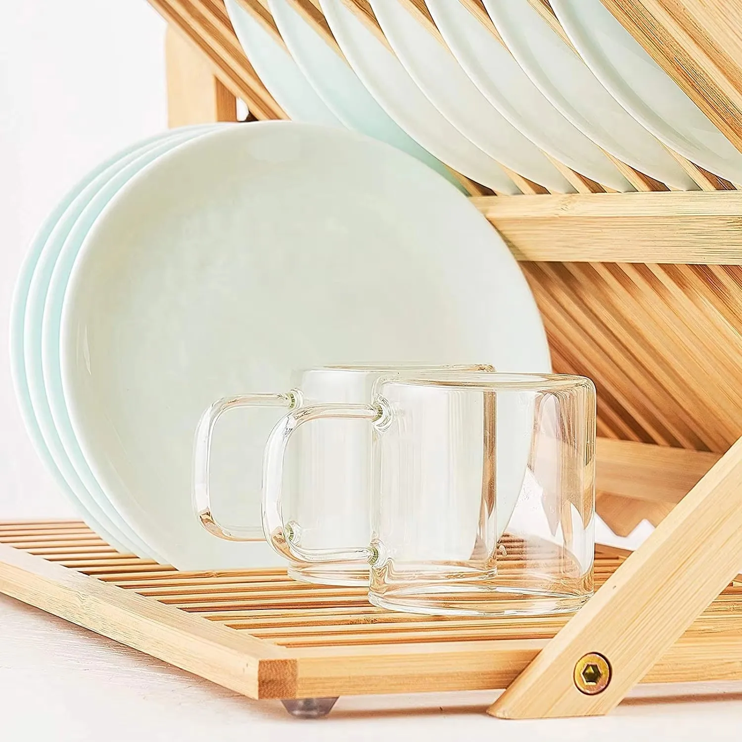product custom bamboo collapsible dish drying rack with utensil holder foldable kitchen dish drainers for plates cups cutlery-3