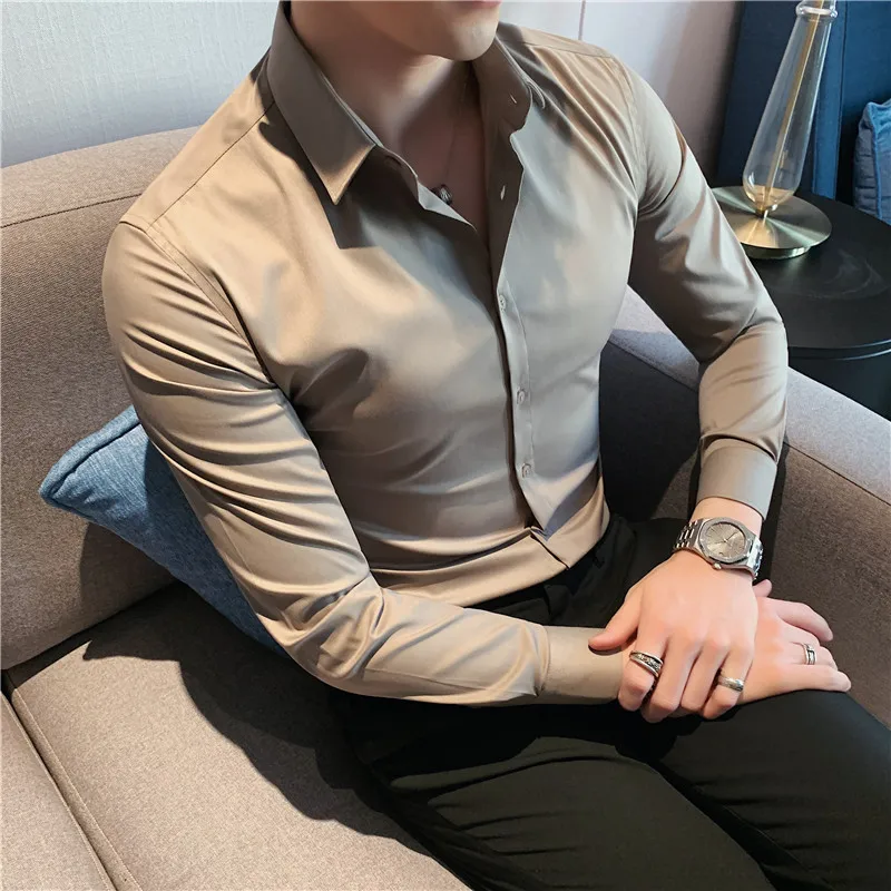 Spring Autumn Men Long Sleeve Shirts Clothes Tops for Men Turn-down Collar Solid Color Business Formal Slim Men's Causal Shirt