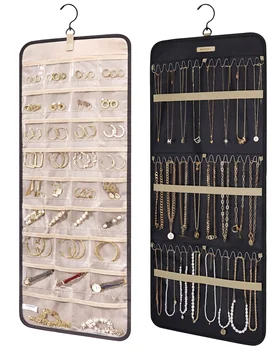 Hanging Jewelry Organizer Roll with Hanger Metal Hooks Double Sided Jewelry Holder