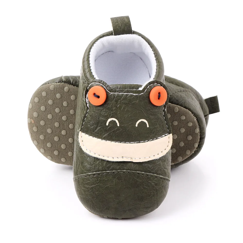 Cute Cartoon Animal Solid Color Pu Leather Buttons Small Frog Soft Soled Baby Walking Shoes manufacture