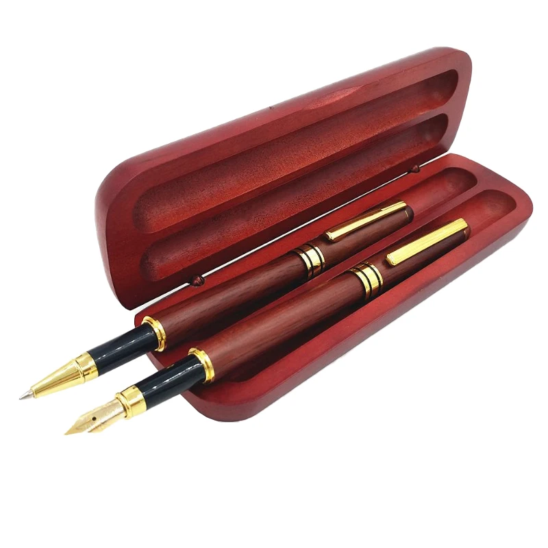 High Quality Custom Logo Mahogany Pen Set with Wooden Pen Case for Office Gift