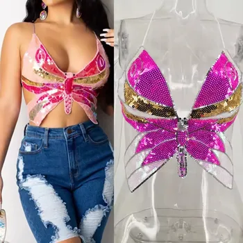 Wholesale custom Fast Shipping 2024 summer new sexy little vest halter Halter butterfly sequin ladies top