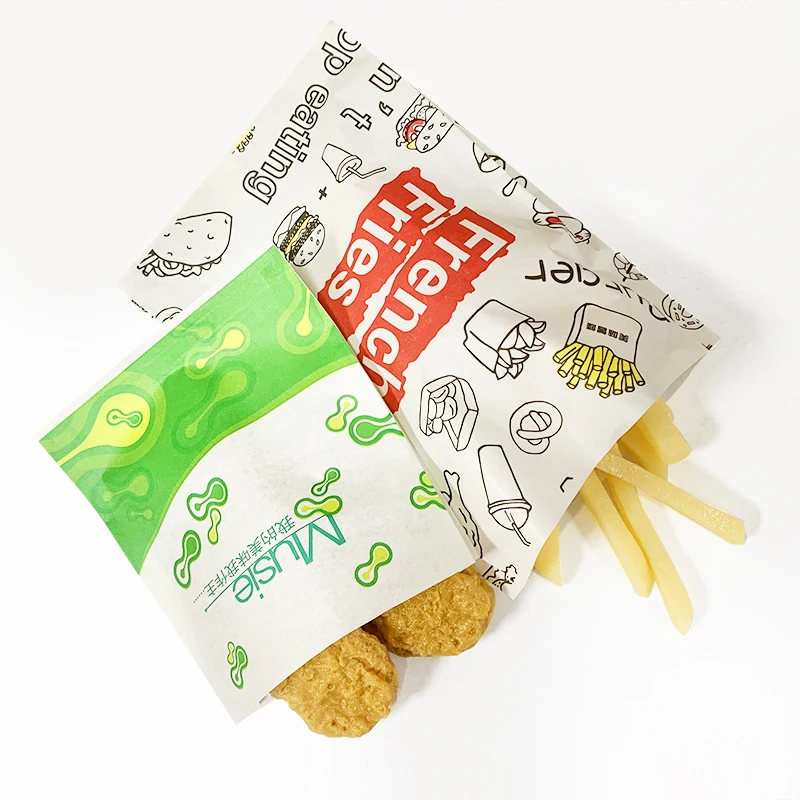 Custom Logo Disposable French Fries Hamburgers Street Food Snacks Bread Donuts Take Away Sharp Bottom Greaseproof Paper Bag