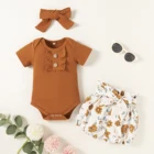 Baby Girls 2pcs New Born Baby Clothes Sets 100% Cotton Girls Plain Baby Romper With Headband