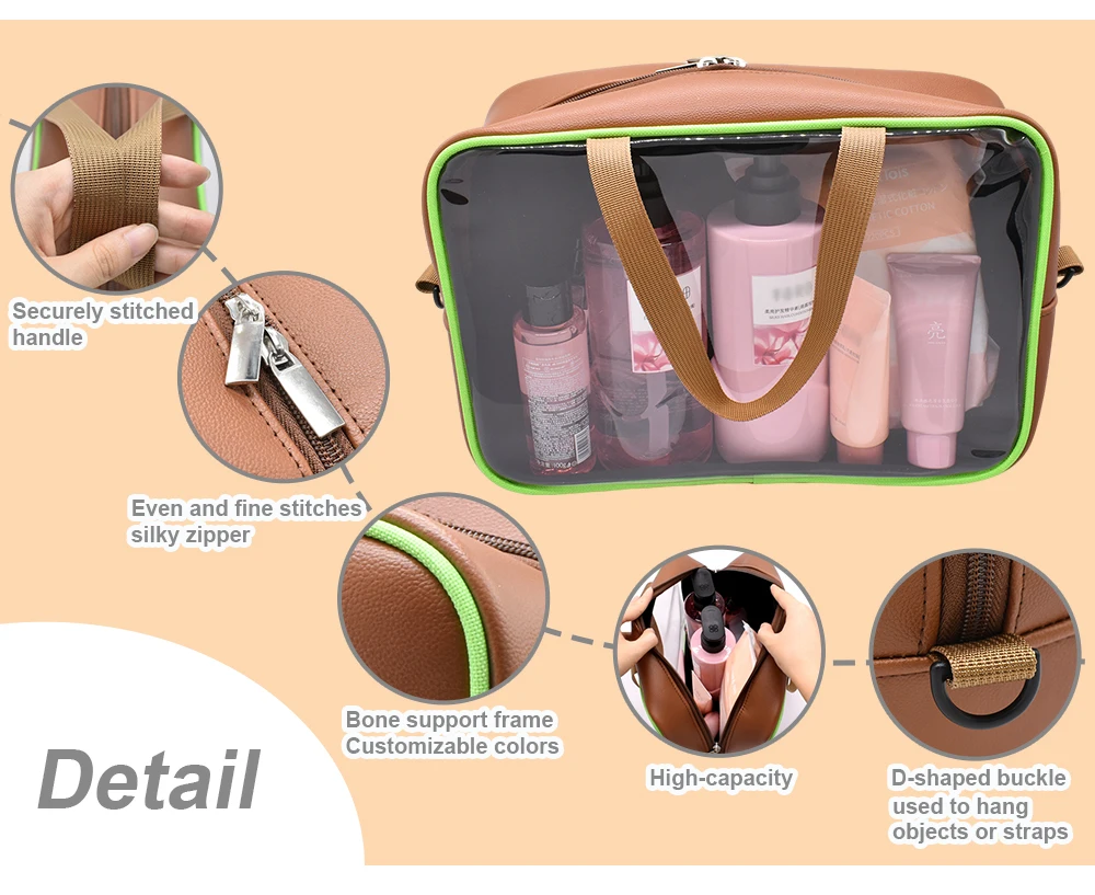 Pu Leather Cosmetic Bag Pvc Transparent Travel Toiletry Wash Pouch Clear Cosmetic Bag manufacture