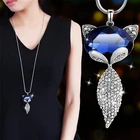 Necklace Pendant Women Desinger Fox Animal Blue Rhinestone Long Silver Necklace Pendant For Women
