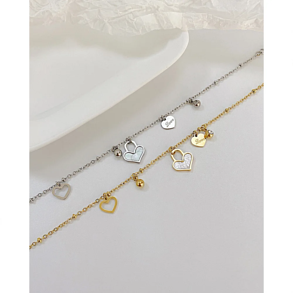 Minimalist Design 18k Gold Plated Sweet Style Love Charm Bracelet Stainless Steel Cubic Zirconia Heart Shell Hollow Out Bracelet